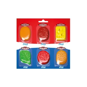 Divertidas mini hamburguesas de gominola formadas por capas de colores y texturas, envueltas individualmente.