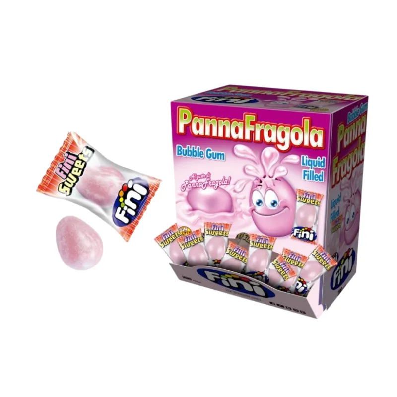 Chicles individuales sabor Panna Fragola (nata y fresa), golosina cremosa en tonos rosa y blanco para eventos y disfrute diario.