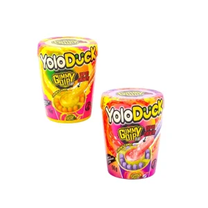 Dos envases de gominolas interactivas Yolo Duck Gummy Dip Cup con caramelos masticables y salsa de gel frutal para mojar.