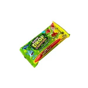 Envoltorio verde de la golosina interactiva Sour Drop & Taffy Jam de Profisa, que incluye láminas masticables y un bolígrafo de gel líquido ácido