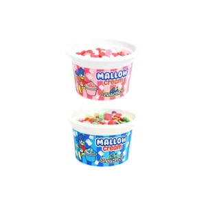 tarrinas individuales de crema de nubes Funny Candy Mallow Cream en colores rosa y azul, cubiertas con virutas de azúcar de colores