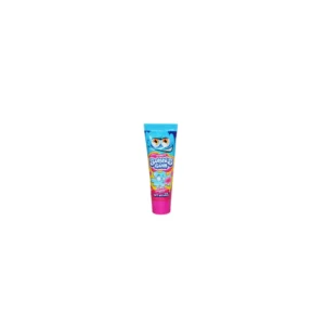 Tubo de chicle líquido Squeeze Bubble Gum en envase azul y rosa con personaje divertido